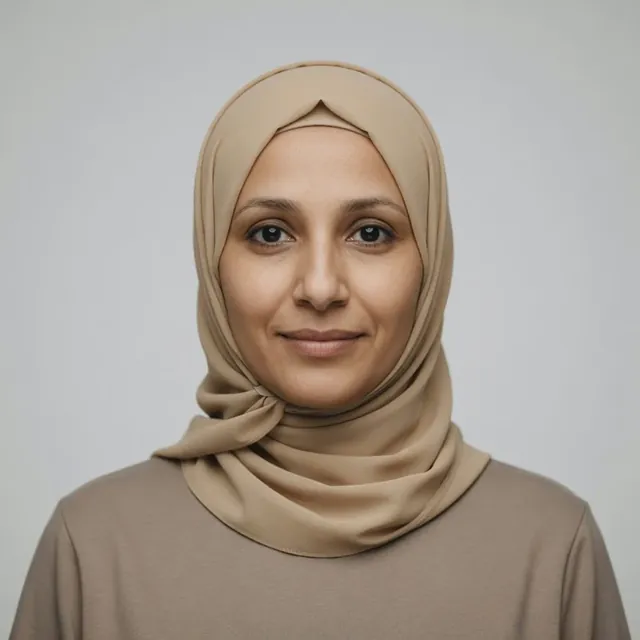 Portrait of a woman in a beige hijab on a grey background