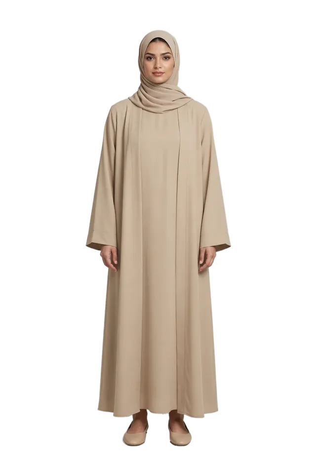 A model in an open sand-coloured abaya and a light hijab