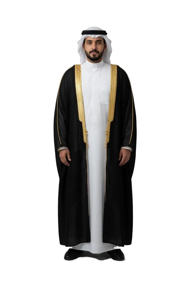 A man in a black bisht with gold trim over a white thobe and ghutra