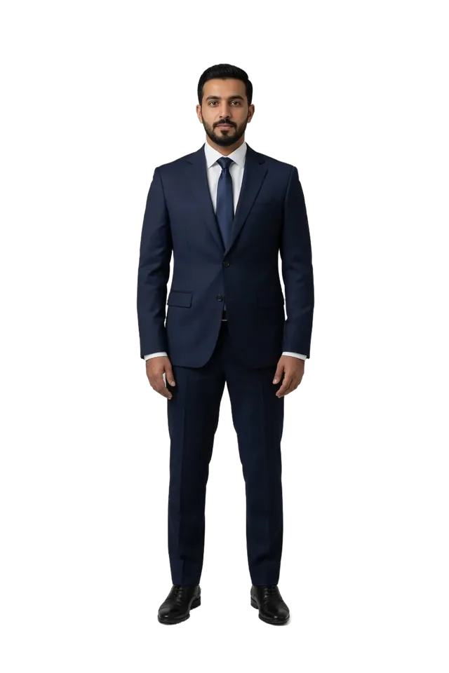 A man in a navy suit and tie with no head cover