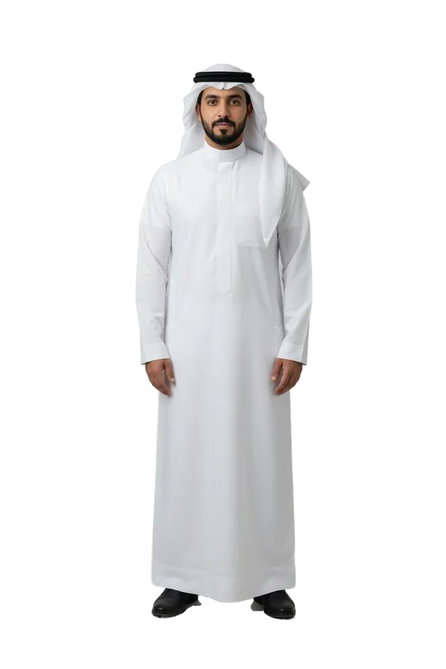 A man in a white thobe, white ghutra and black agal, standing