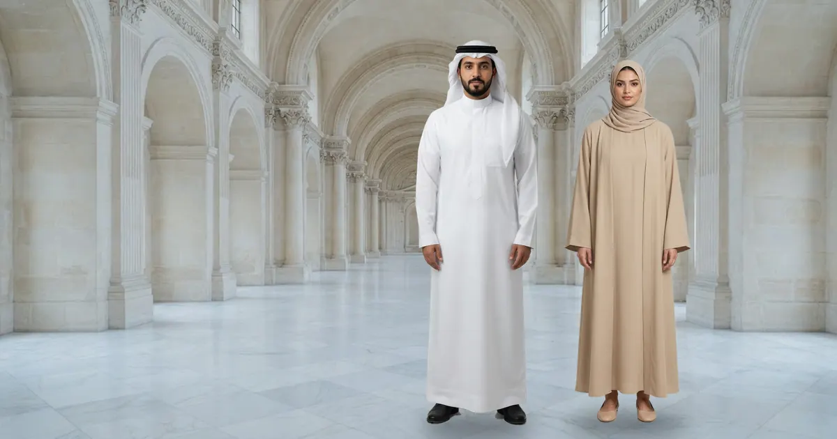 Two models, one in a white thobe with ghutra and one in an abaya, in the “Palace hall” set from the Lenci catalogue