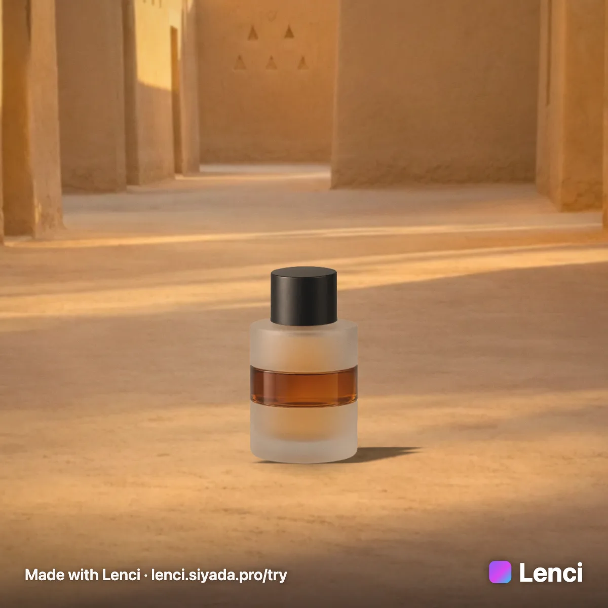 A picture made with the try tool: our “Perfume” sample in “Diriyah · Golden hour”, with the Lenci mark