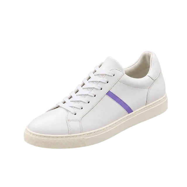 A white sneaker with a violet stripe