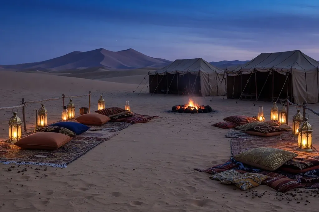 Tents in the desert at dusk with lanterns, cushions and rugs on the sand