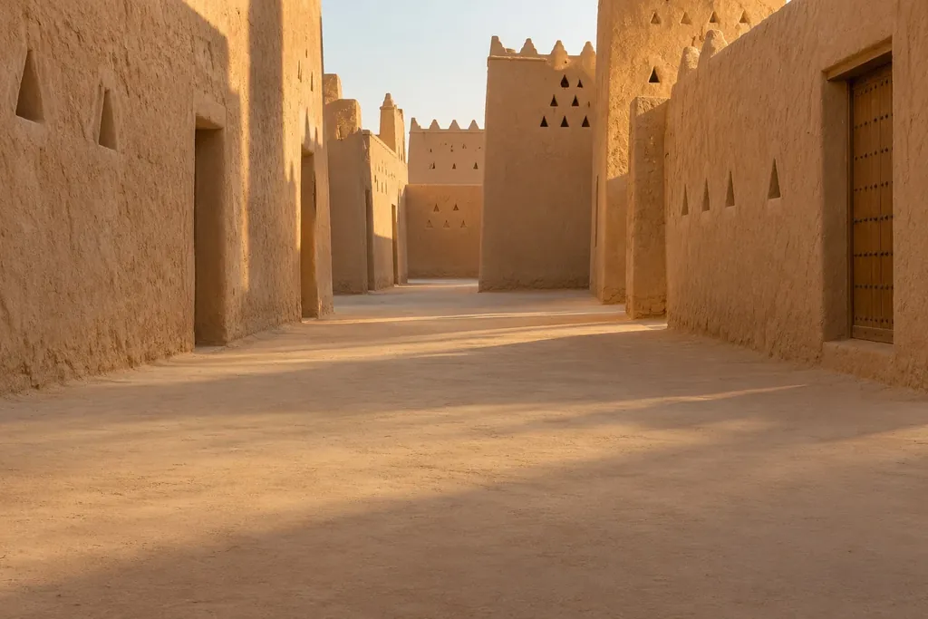 A lane between traditional mud-brick walls in warm sunset light