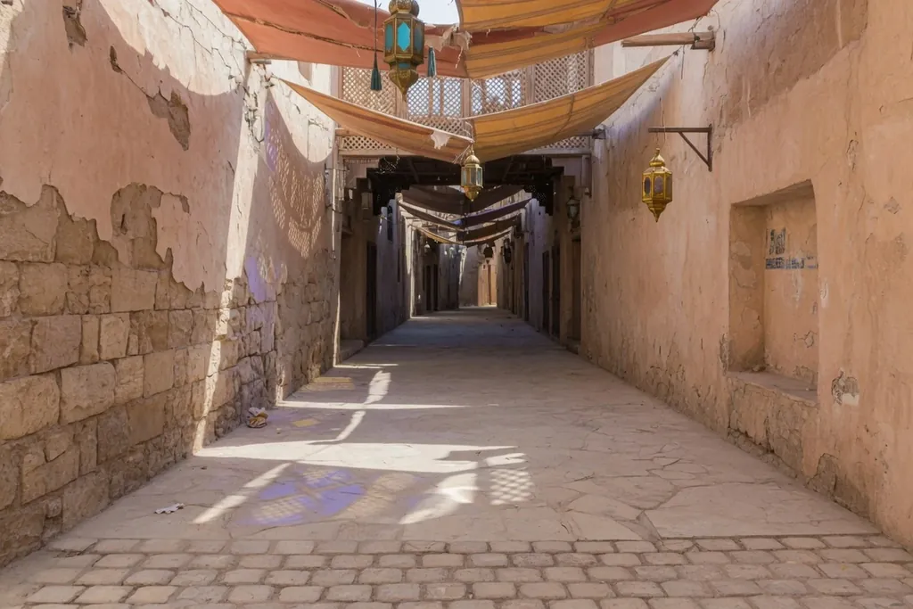 An old stone alley under fabric awnings with hanging lanterns